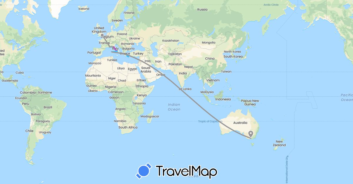 TravelMap itinerary: driving, plane, train, boat in Australia, France, United Kingdom, Greece, Italy (Europe, Oceania)